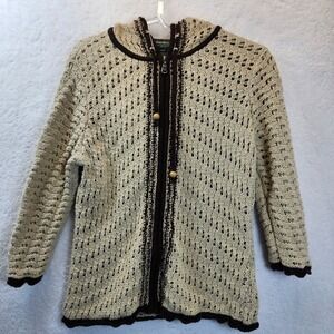 Eddie Bauer Crochet Hooded Cardigan Sweater Womens Medium Neutral Coquette Indie